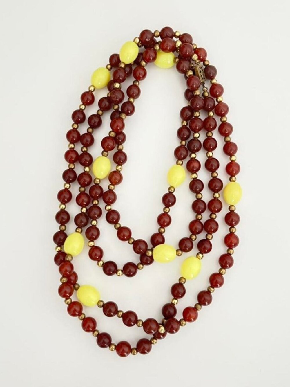 Vintage Long Bead Necklace Burgundy Gold Yellow 55" Double Loop Boho Summer